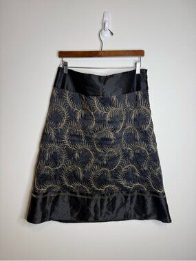 Nygard Black A-Line Skirt with Gold Fan Embroidery linen silk blend size 10
